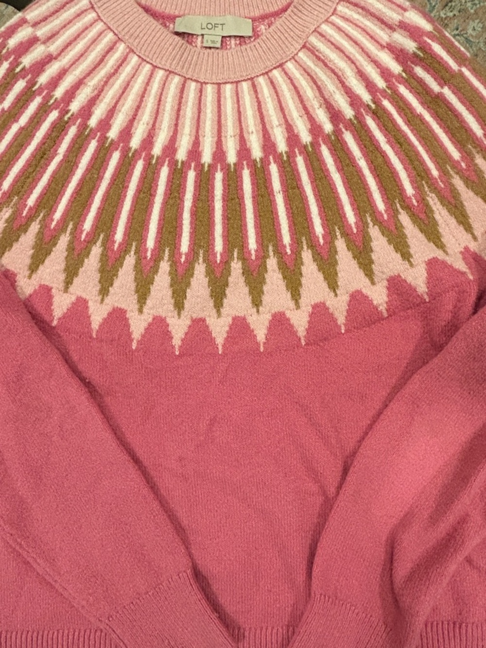 LOFT Pink Fair Isle Yoke Crewneck Sweater with Cream & Olive Accents